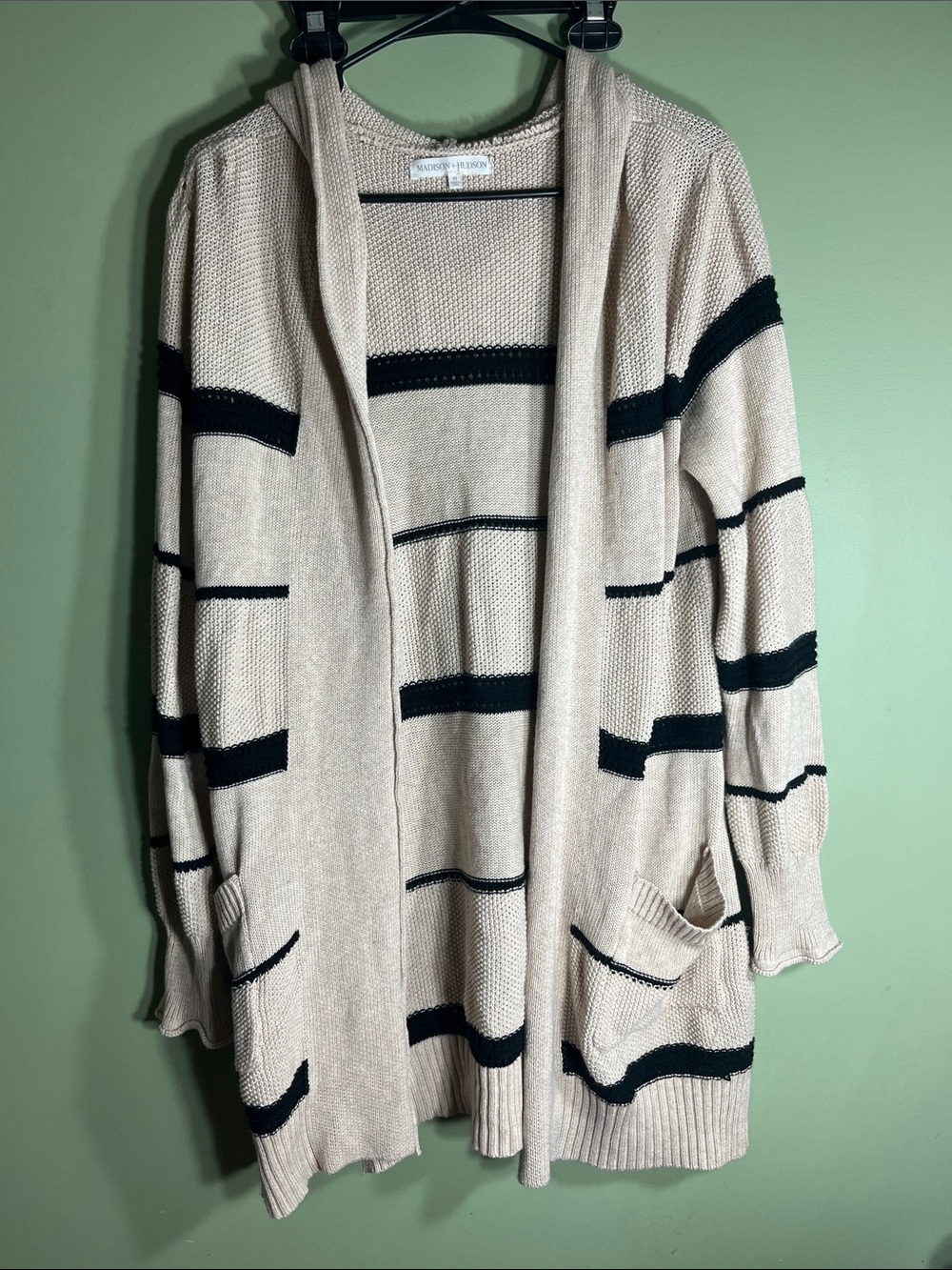 Madison & Berkeley Beige and Black Striped Open-Front Cardigan